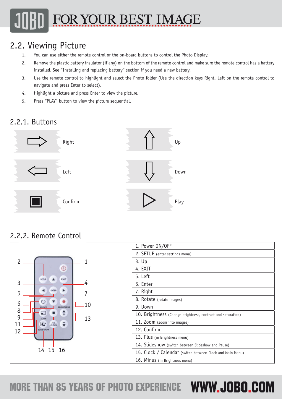 Viewing picture, Buttons, Remote control | JOBO Photo Display PDJ120 User Manual | Page 4 / 7