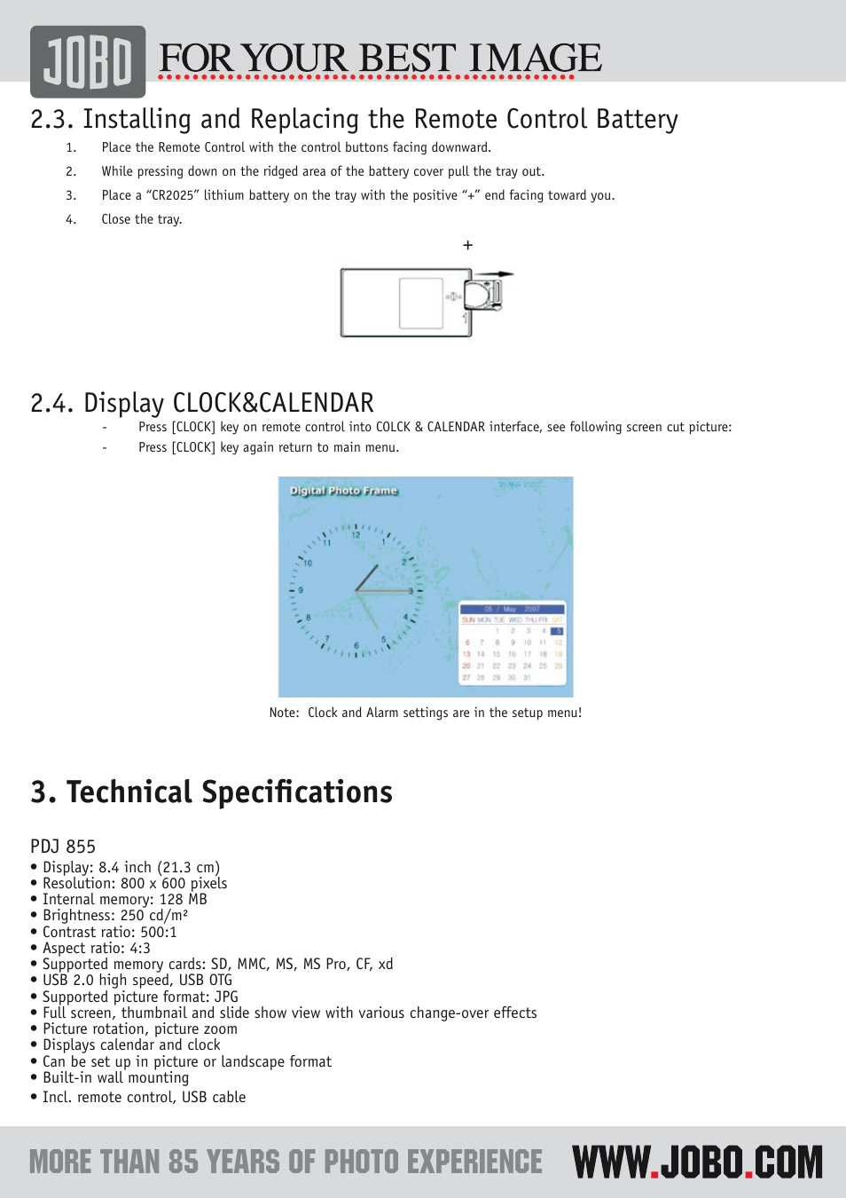 Technical speciﬁcations, Display clock&calendar | JOBO Photo Display PDJ120 User Manual | Page 5 / 7