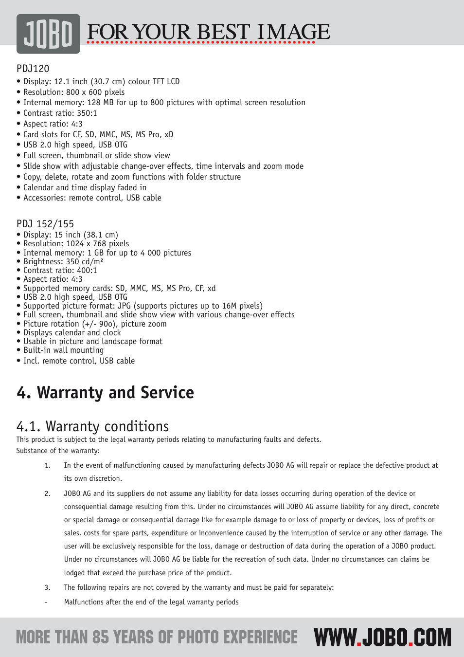 Warranty and service, Warranty conditions | JOBO Photo Display PDJ120 User Manual | Page 6 / 7