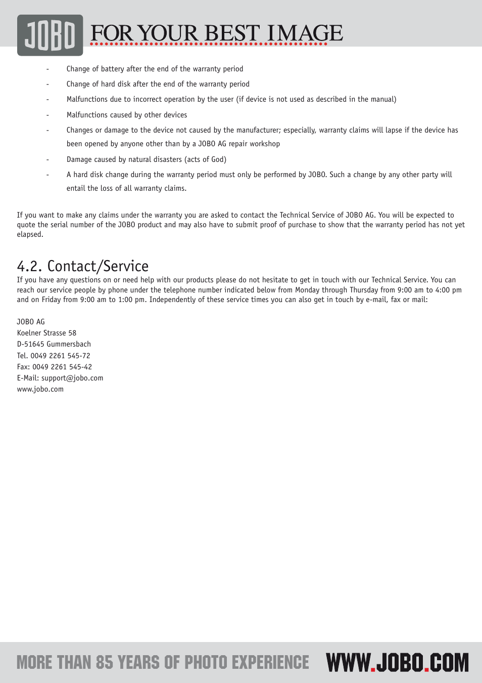 Contact/service | JOBO Photo Display PDJ120 User Manual | Page 7 / 7