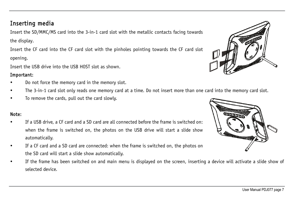Inserting media | JOBO Photo Display PDJ077 User Manual | Page 10 / 23