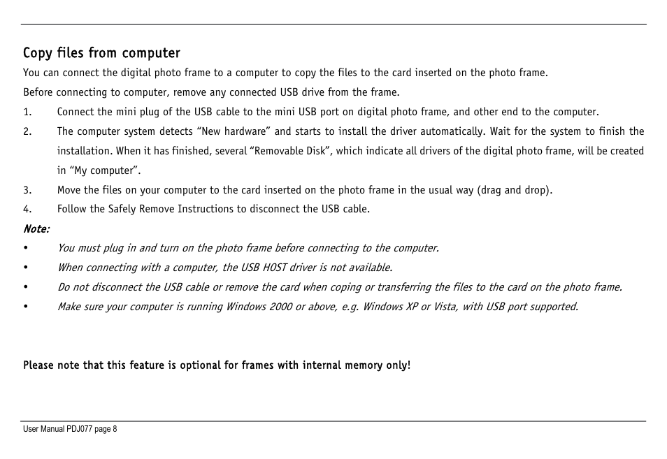 Copy files from computer | JOBO Photo Display PDJ077 User Manual | Page 11 / 23