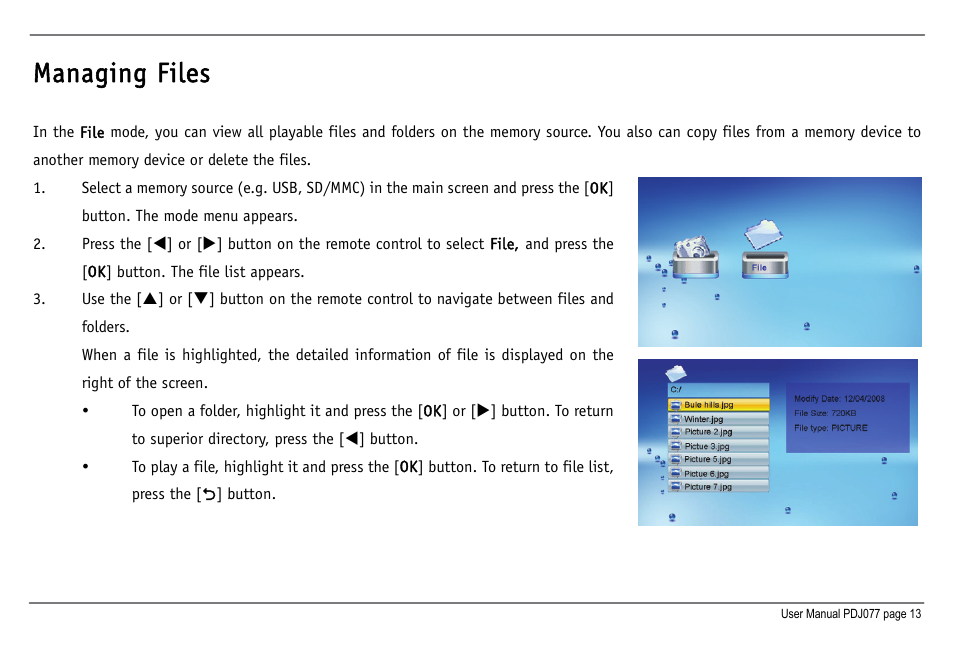 Managing files | JOBO Photo Display PDJ077 User Manual | Page 16 / 23