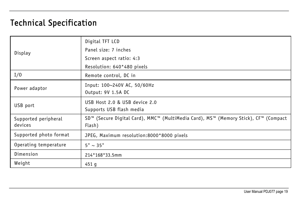Technical specification | JOBO Photo Display PDJ077 User Manual | Page 22 / 23