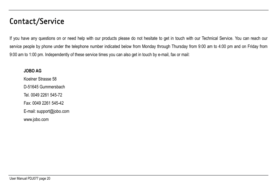 Contact/service | JOBO Photo Display PDJ077 User Manual | Page 23 / 23