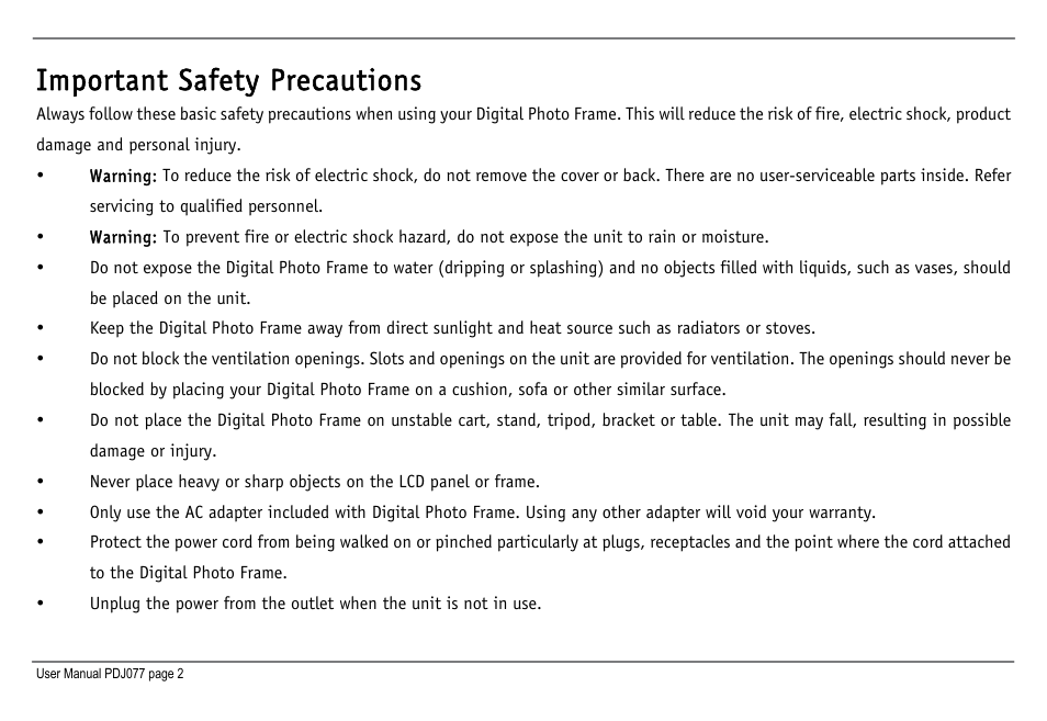Important safety precautions | JOBO Photo Display PDJ077 User Manual | Page 5 / 23