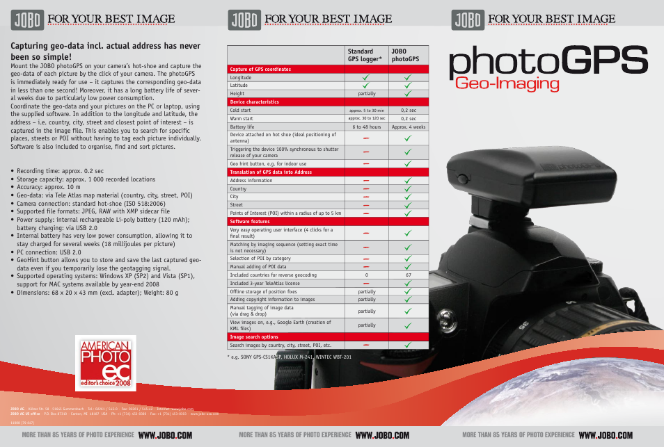 JOBO Geo-Imaging PhotoGPS Camera User Manual | 2 pages