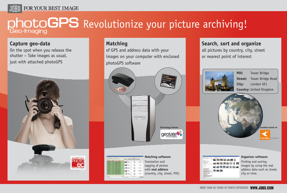 Revolutionize your picture archiving, Capture geo-data, Matching | Search, sort and organize | JOBO Geo-Imaging PhotoGPS Camera User Manual | Page 2 / 2