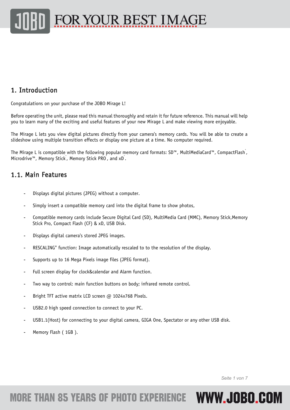 Jobo mirage l user manual english, Rev: 2.0 1. introduction, Main features | JOBO Photo Display Mirage L User Manual | Page 2 / 8