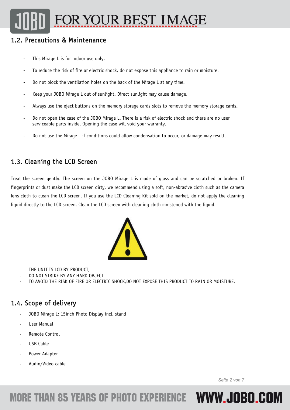 Precautions & maintenance, Cleaning the lcd screen, Scope of delivery | JOBO Photo Display Mirage L User Manual | Page 3 / 8