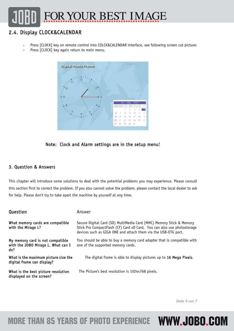 Display clock&calendar | JOBO Photo Display Mirage L User Manual | Page 6 / 8