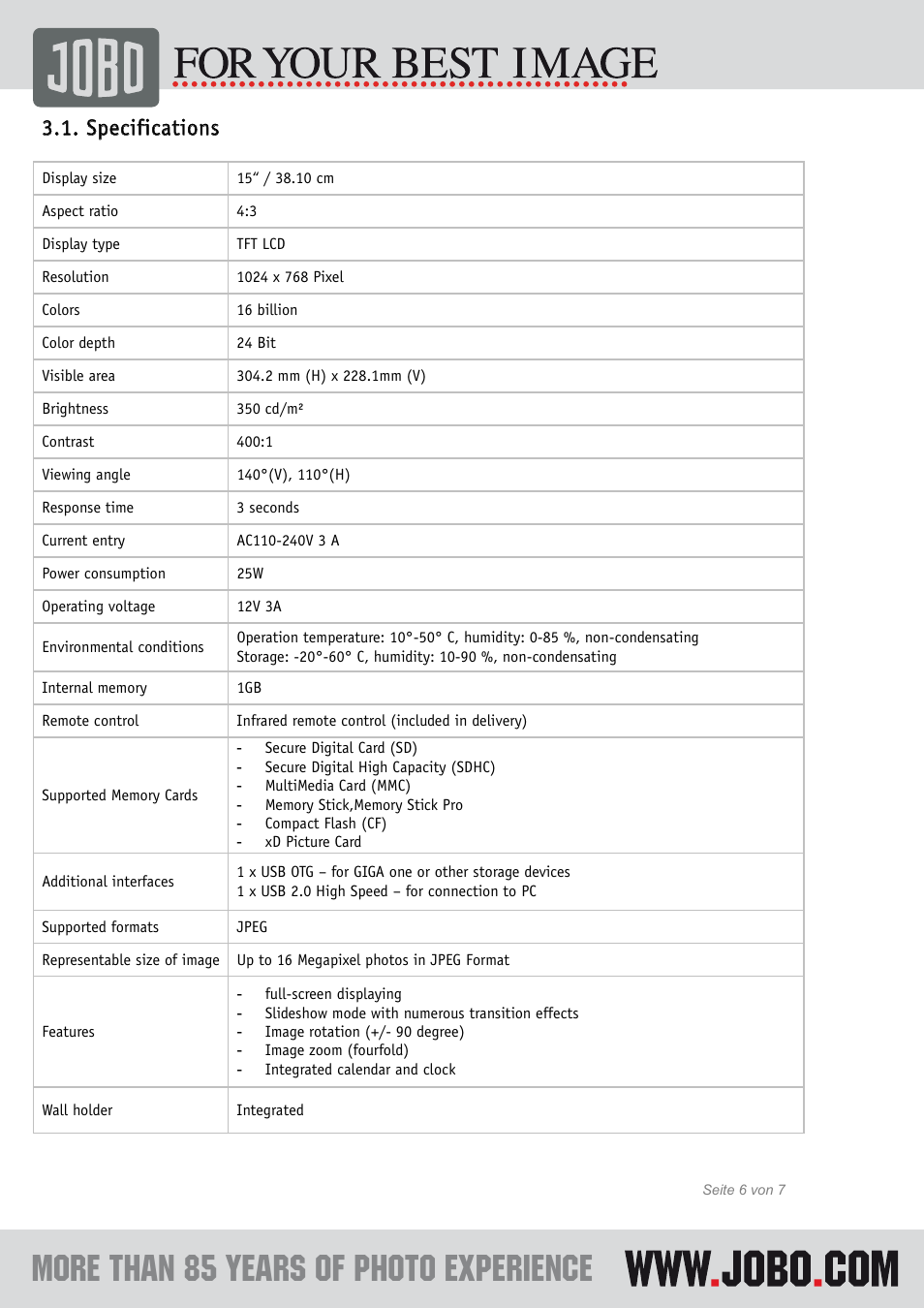 Specifications | JOBO Photo Display Mirage L User Manual | Page 7 / 8