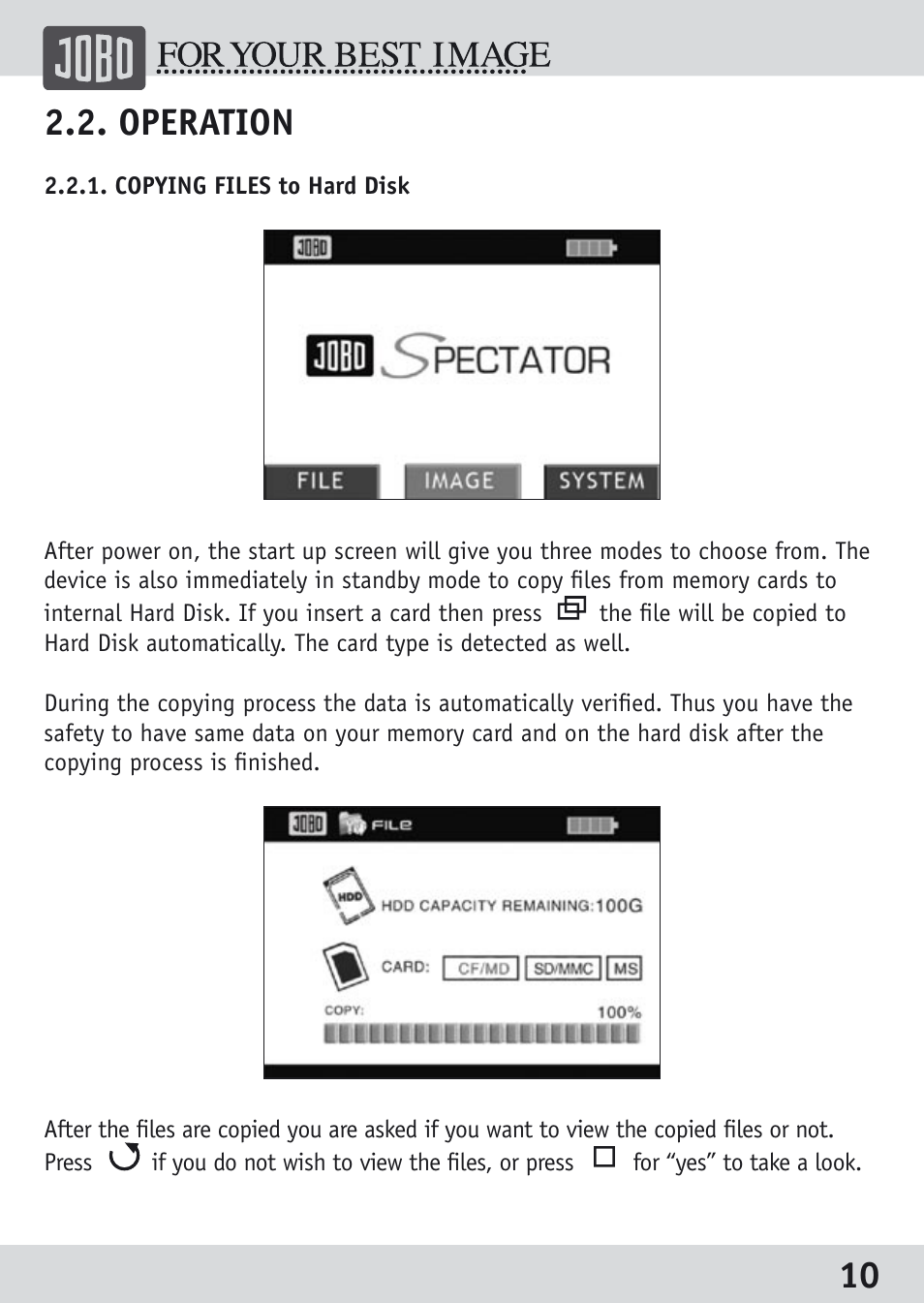 Operation, 10 2.2. operation | JOBO Spectator GSP040 User Manual | Page 10 / 28