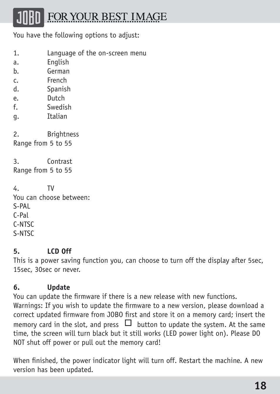 JOBO Spectator GSP040 User Manual | Page 18 / 28