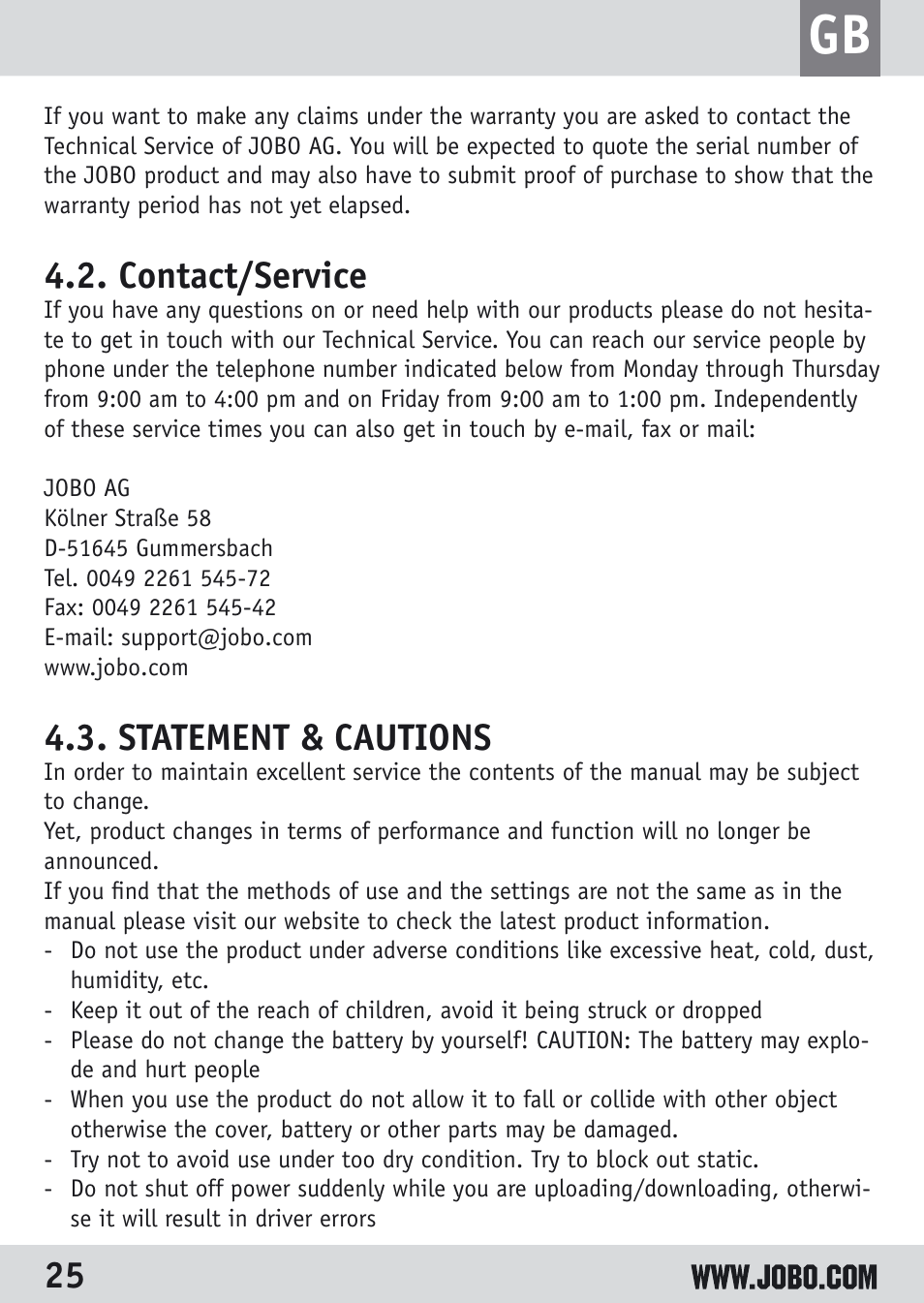 Contact/service, Statement & cautions | JOBO Spectator GSP040 User Manual | Page 25 / 28