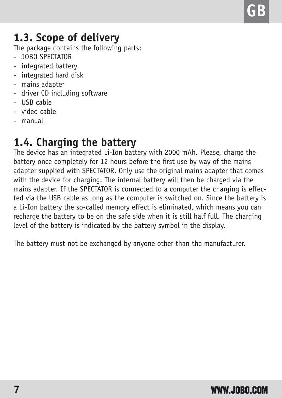 Scope of delivery, Charging the battery | JOBO Spectator GSP040 User Manual | Page 7 / 28