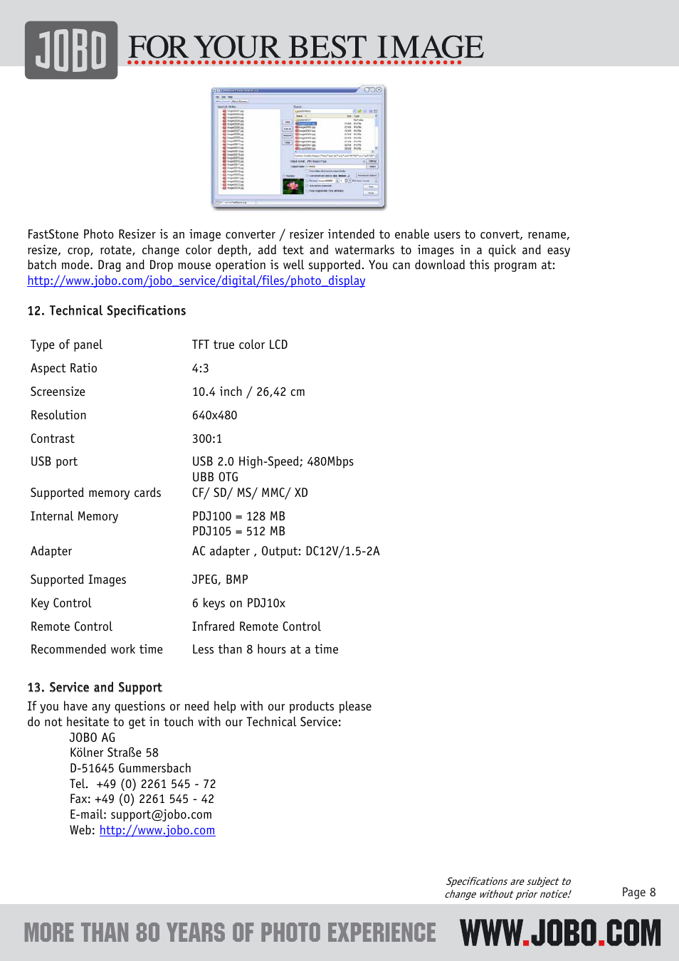 JOBO PDJ100 User Manual | Page 8 / 8