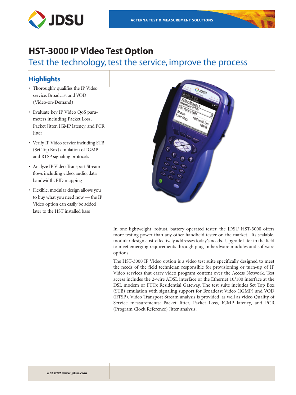 JDS Uniphase IP Video Test Option HST-3000 User Manual | 2 pages