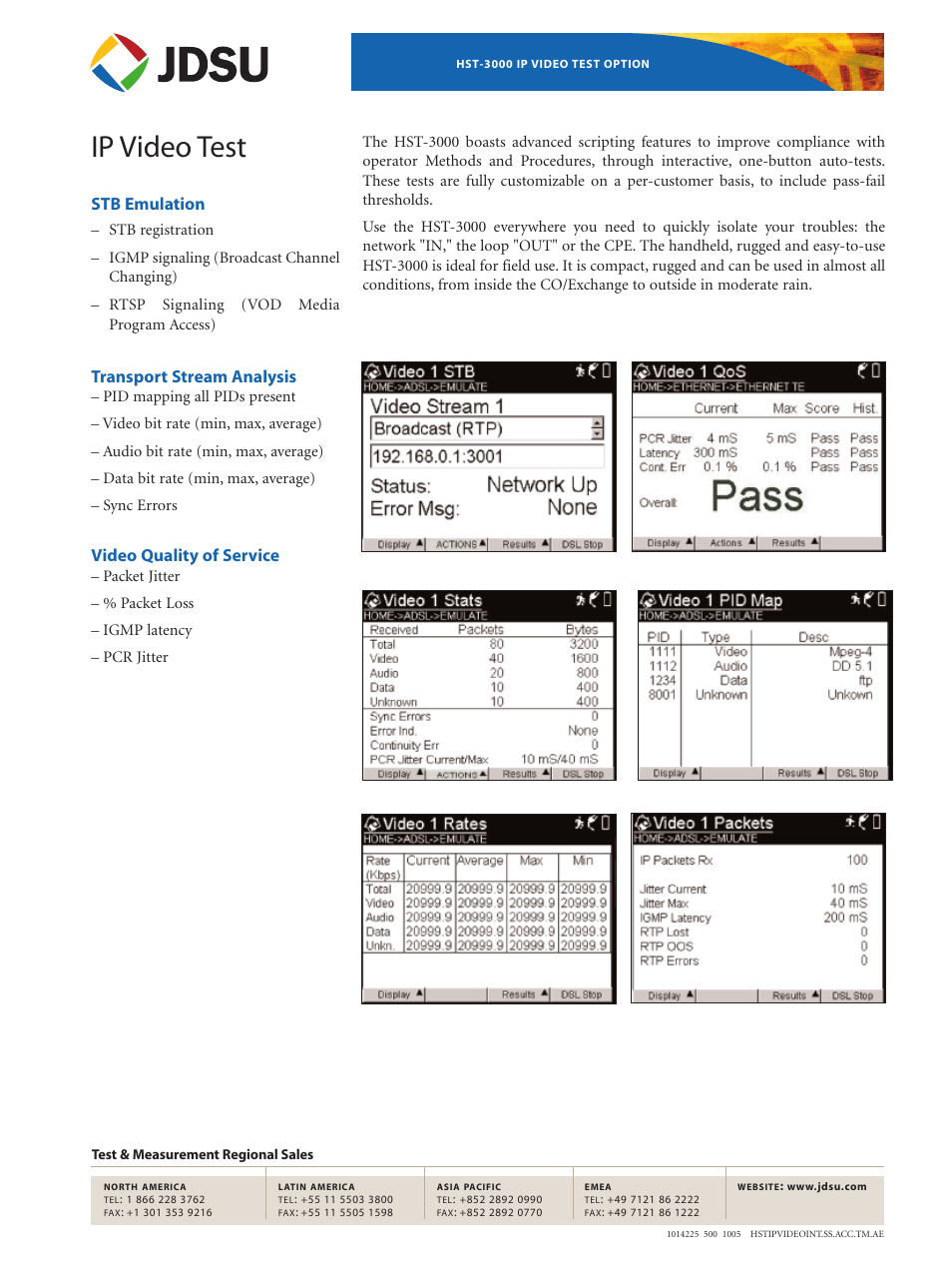 Ip video test, Stb emulation, Transport stream analysis | Video quality of service | JDS Uniphase IP Video Test Option HST-3000 User Manual | Page 2 / 2