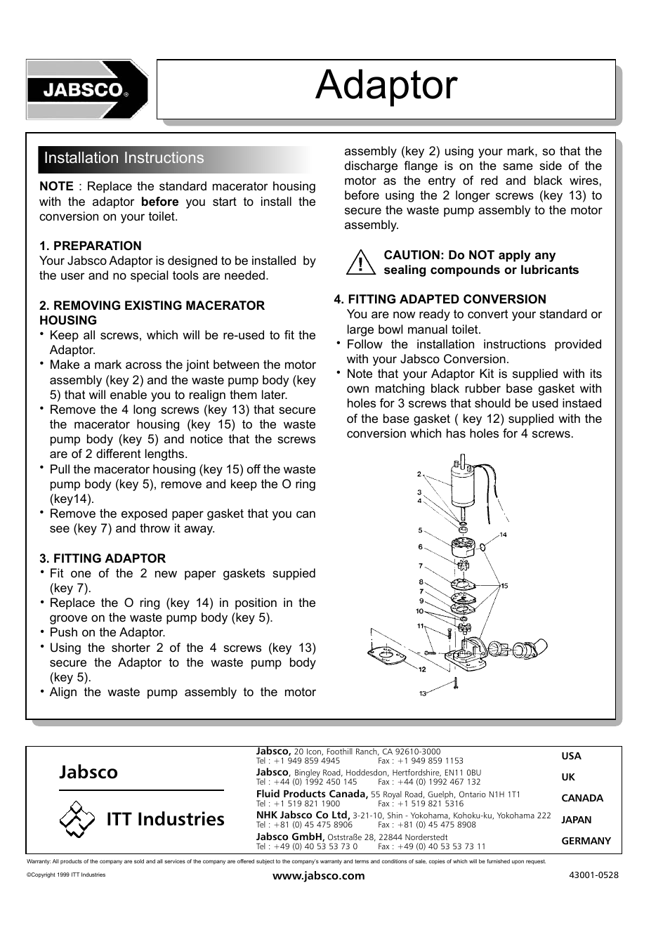 Adaptor, Jabsco itt industries, Installation instructions | JABSCO 29200 SERIES 29060-0000 User Manual | Page 2 / 2