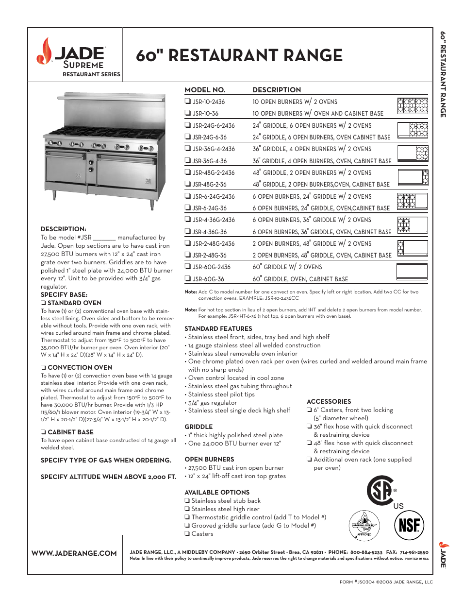 Jade Range 60" Restaurant Range jsr-4-36g-2436 User Manual | 2 pages