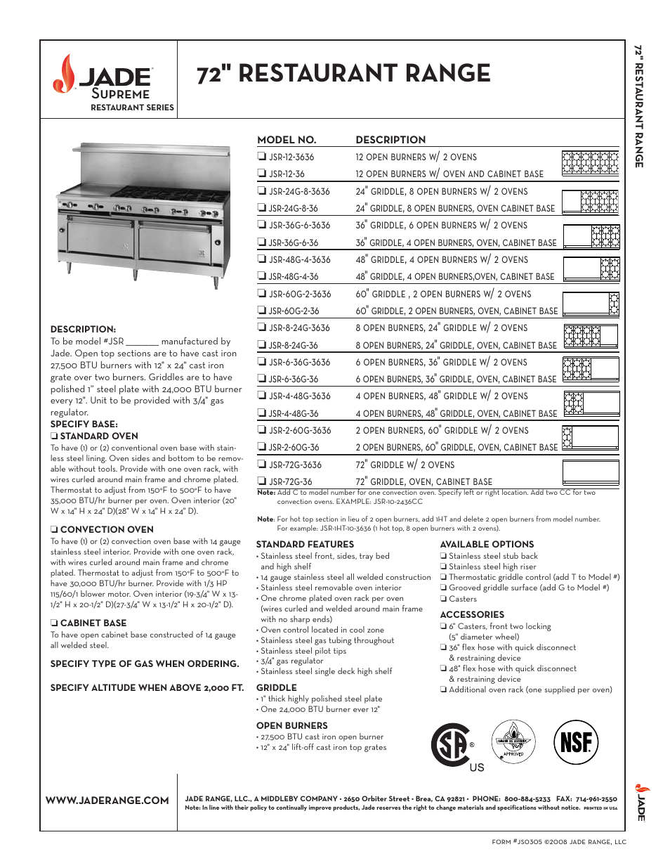 Jade Range 72" Restaurant Range jsr-4-48g-36 User Manual | 2 pages