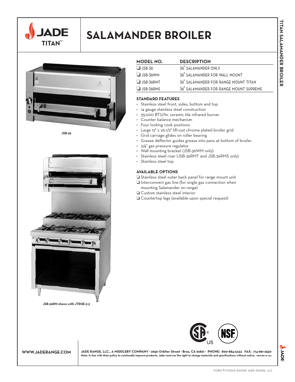 Jade Range TITAN J JSB-36 User Manual | 2 pages