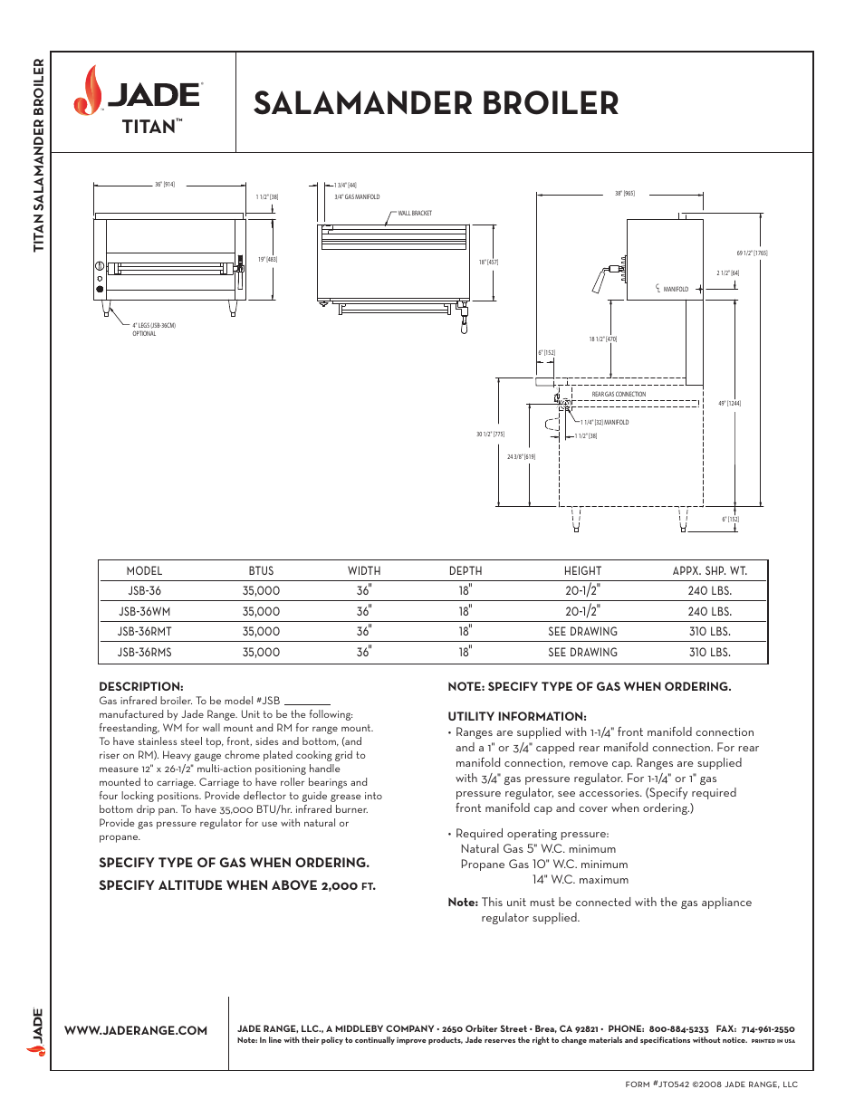 Salamander broiler, Titan | Jade Range TITAN J JSB-36 User Manual | Page 2 / 2