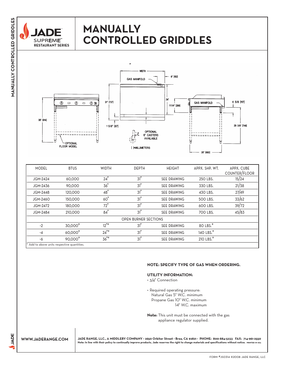 Manually controlled griddles | Jade Range JGM-2448 User Manual | Page 2 / 2