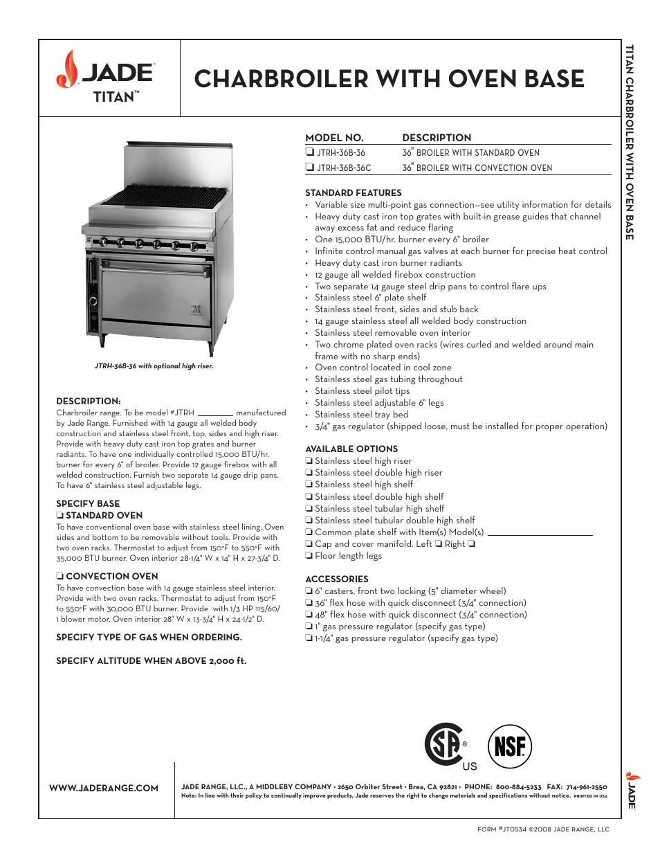 Jade Range TITAN JTRH-36B-36 User Manual | 2 pages