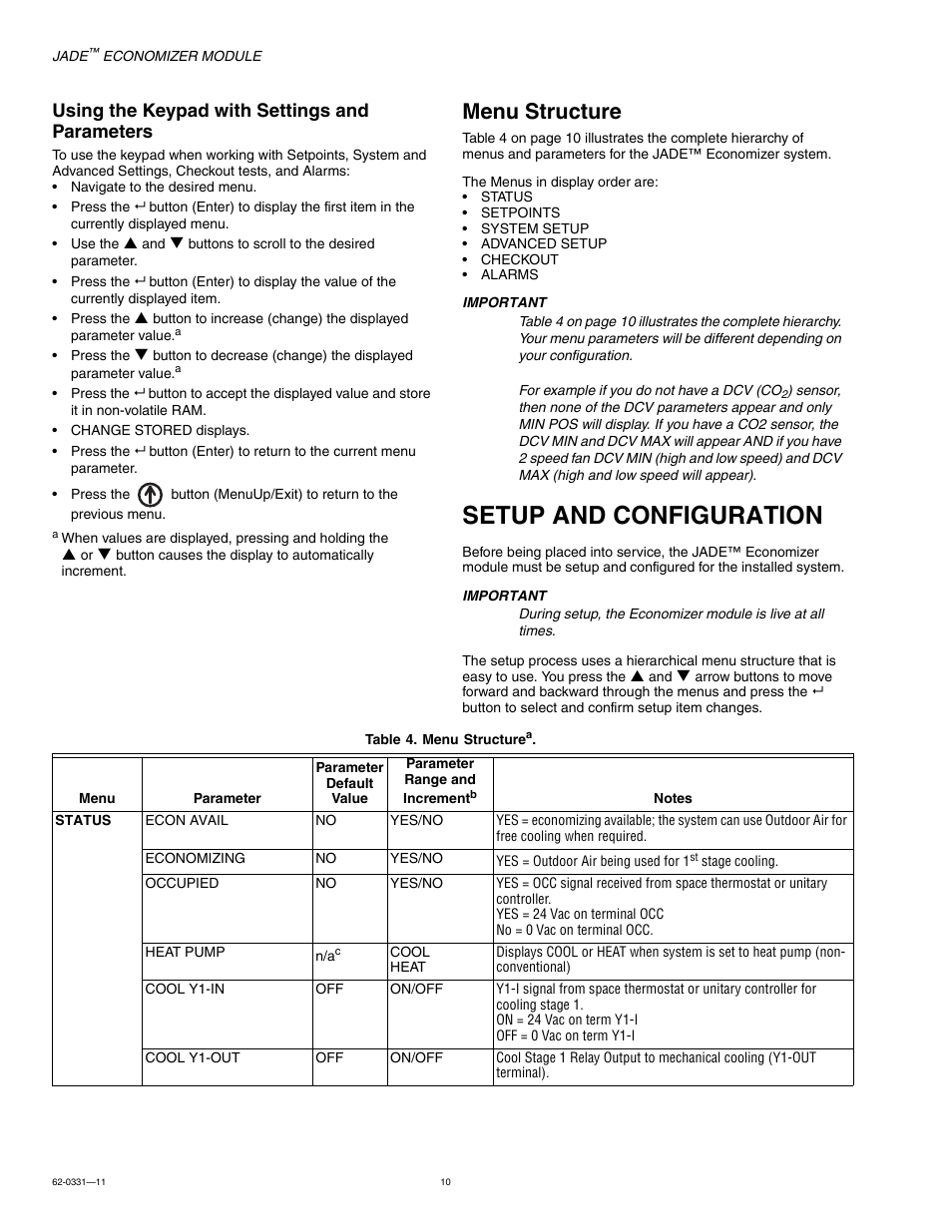 Menu structure, Setup and configuration, Using the keypad with settings and parameters | Jade Range W7220 User Manual | Page 10 / 20