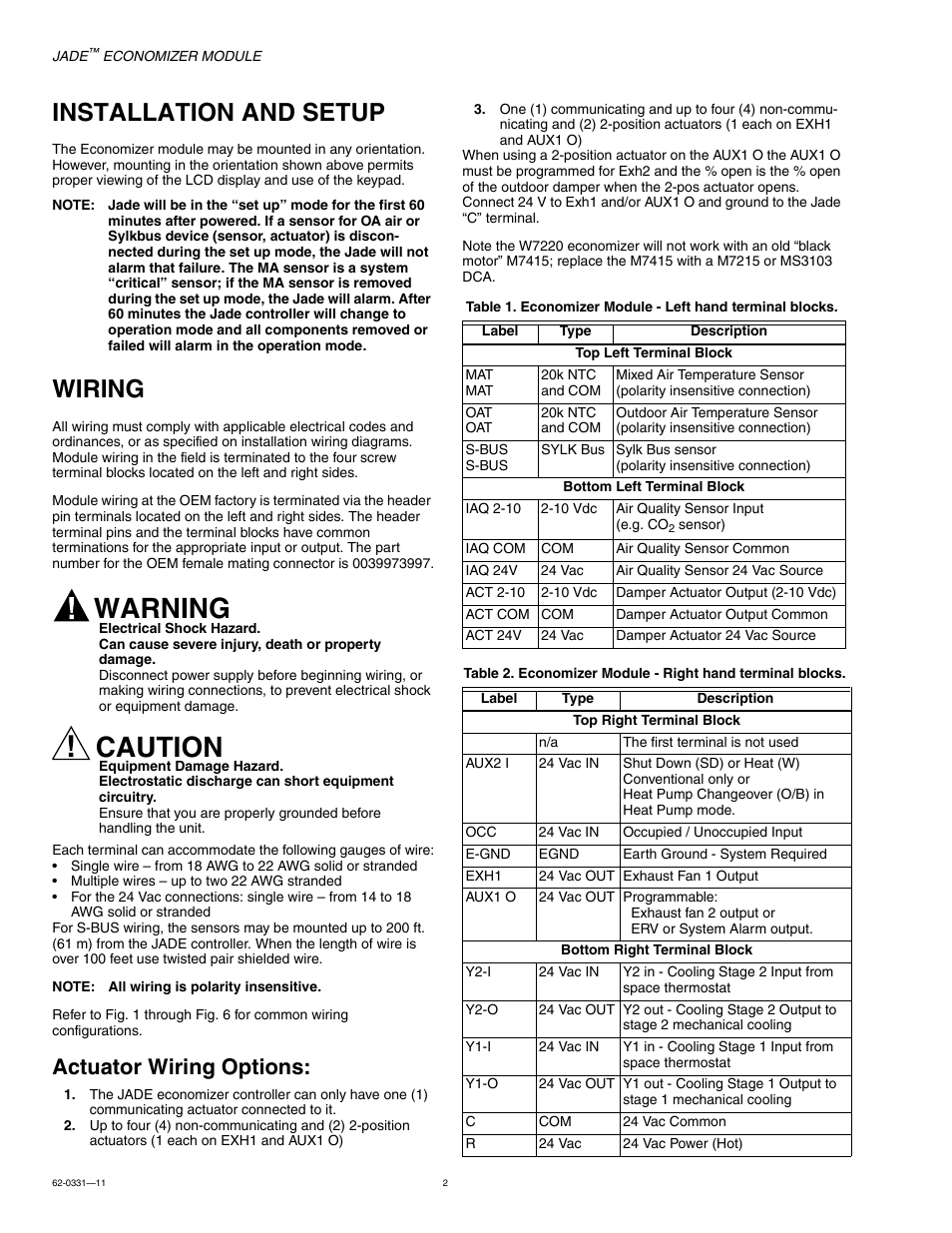 Installation and setup, Wiring, Actuator wiring options | Warning, Caution | Jade Range W7220 User Manual | Page 2 / 20