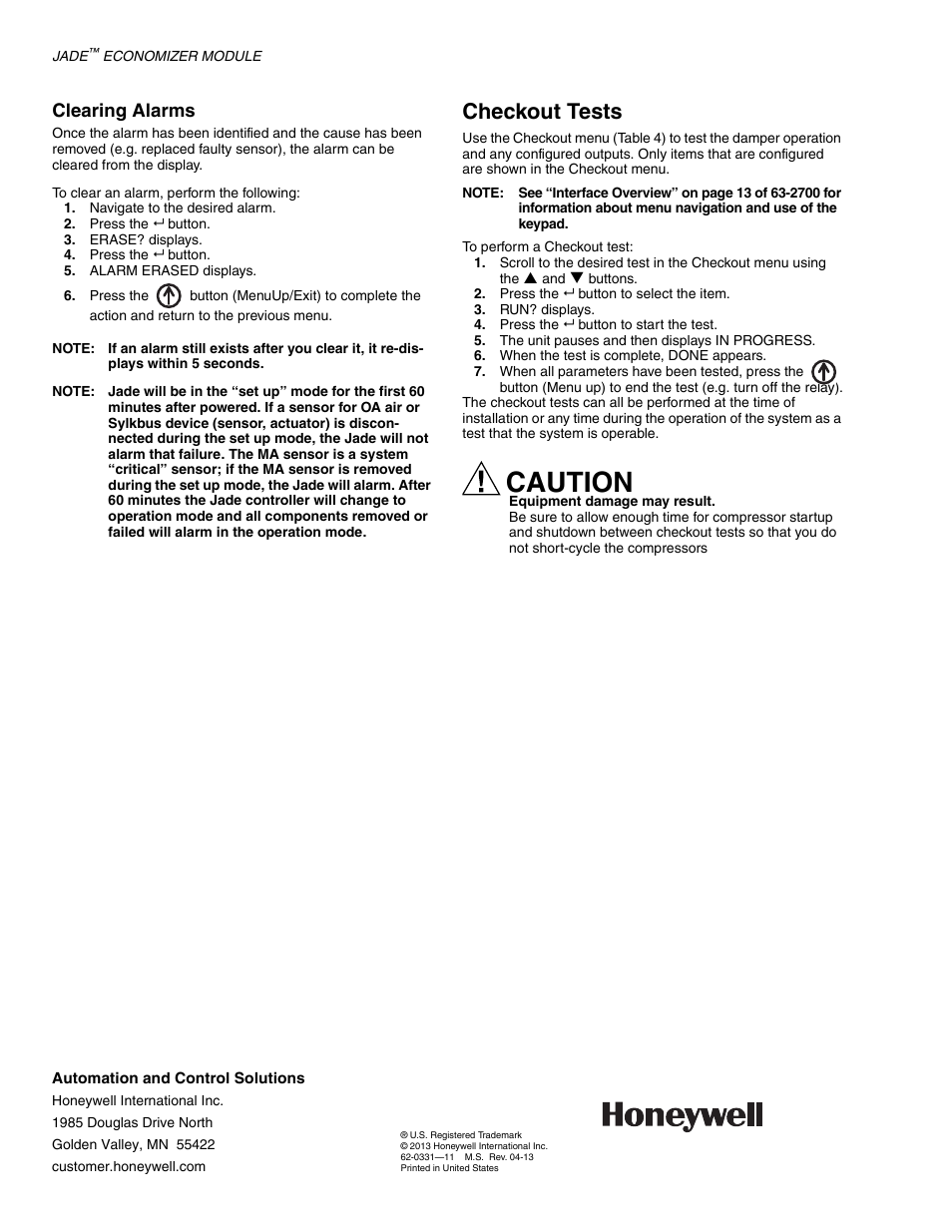 Checkout tests, Caution, Clearing alarms | Jade Range W7220 User Manual | Page 20 / 20
