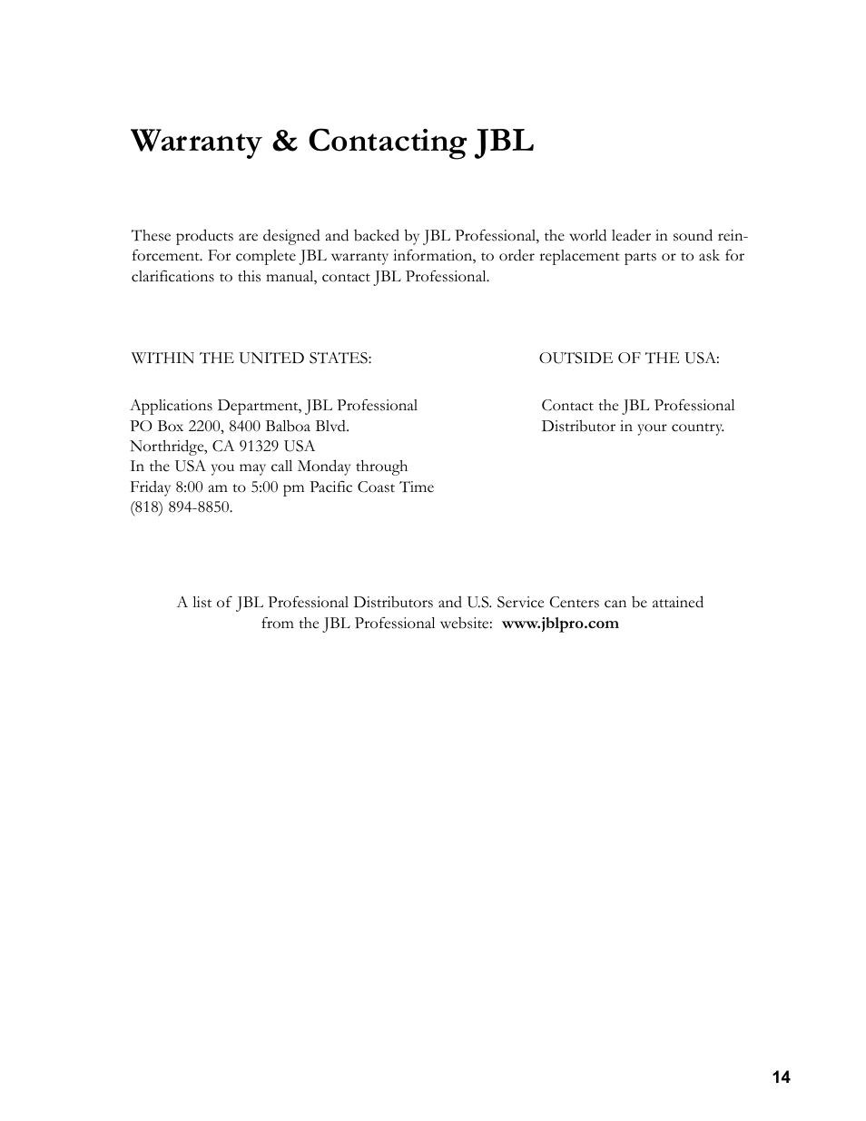 Warranty & contacting jbl | JBL 24C/CT User Manual | Page 15 / 16