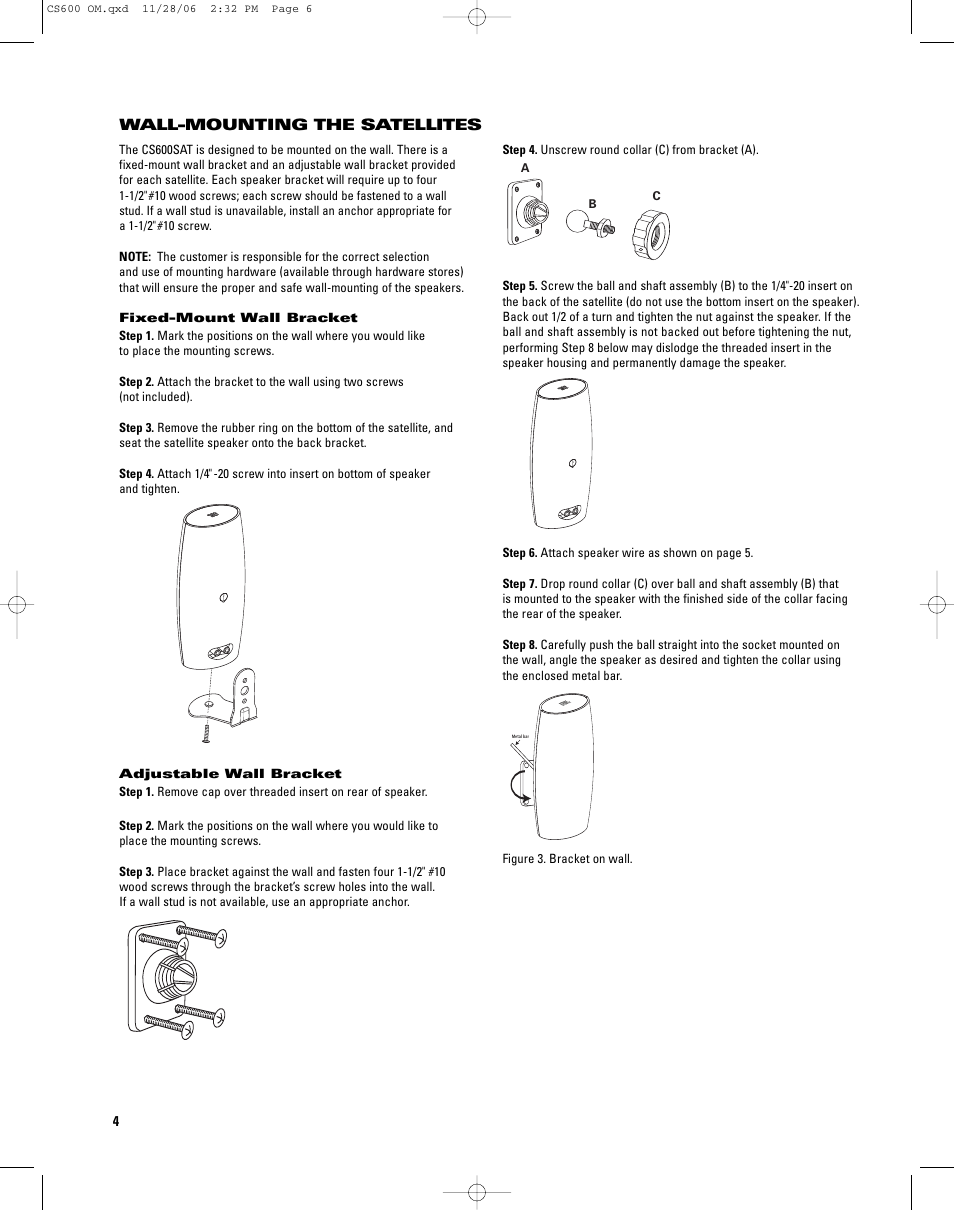 Wall-mounting the satellites | JBL CS600SAT User Manual | Page 4 / 8