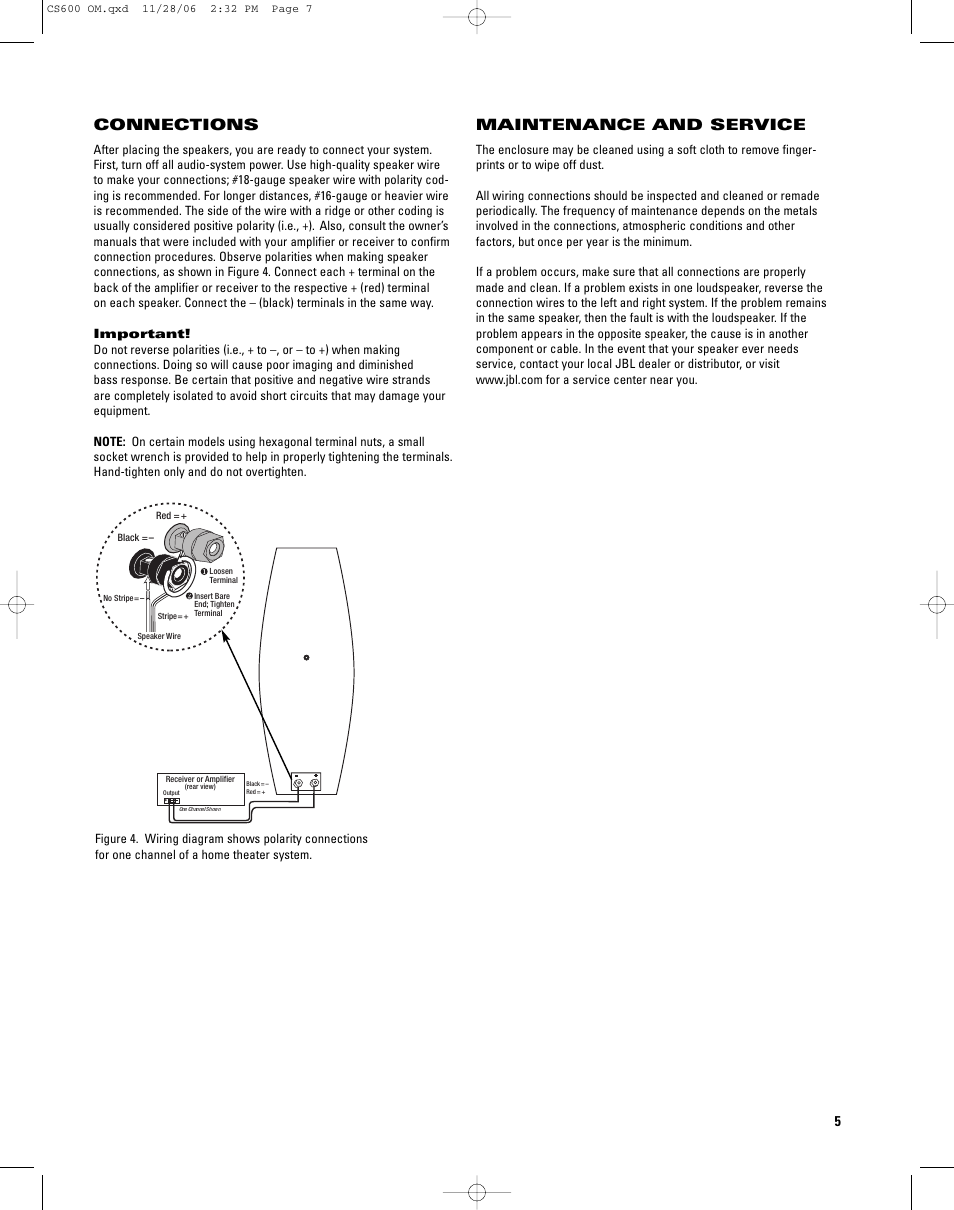 Connections, Maintenance and service | JBL CS600SAT User Manual | Page 5 / 8