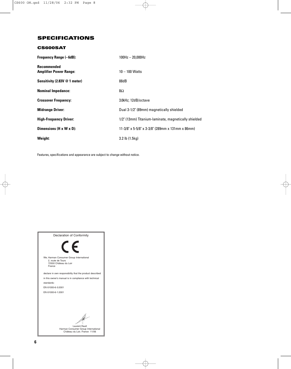 Specifications | JBL CS600SAT User Manual | Page 6 / 8