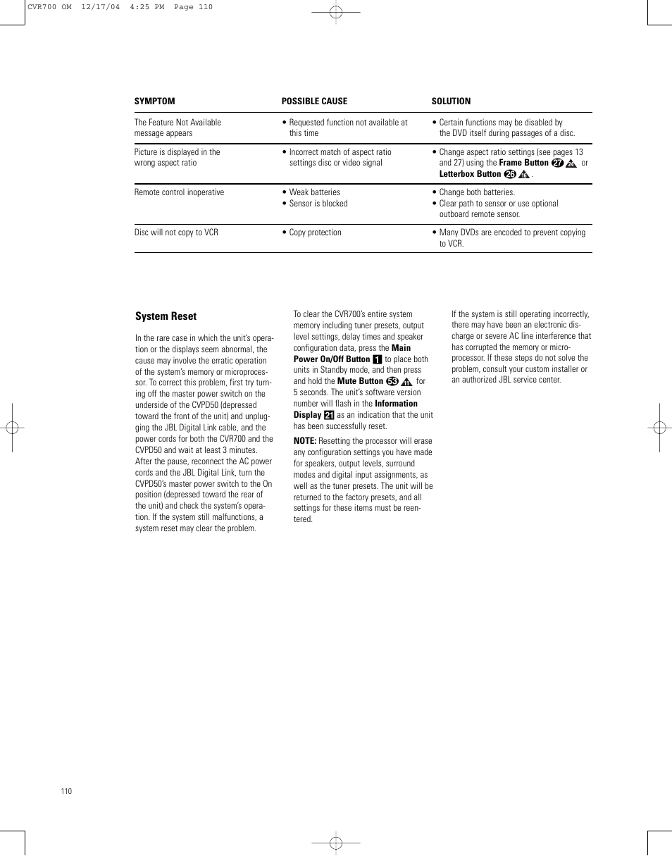 System reset | JBL CVPD50 User Manual | Page 110 / 116