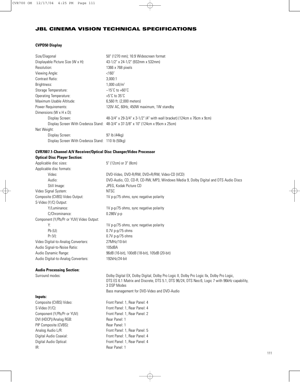 JBL CVPD50 User Manual | Page 111 / 116