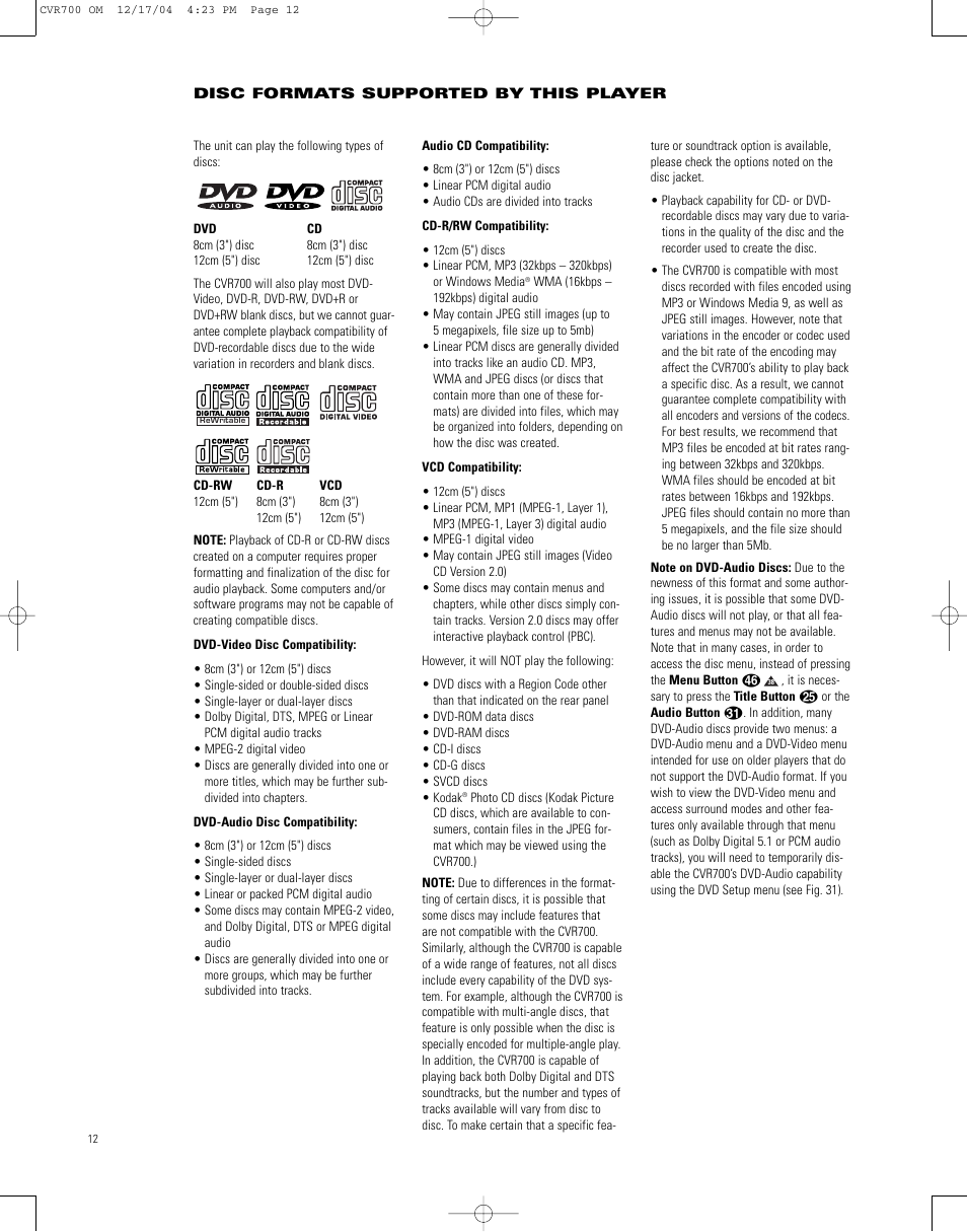 Disc formats supported by this player | JBL CVPD50 User Manual | Page 12 / 116