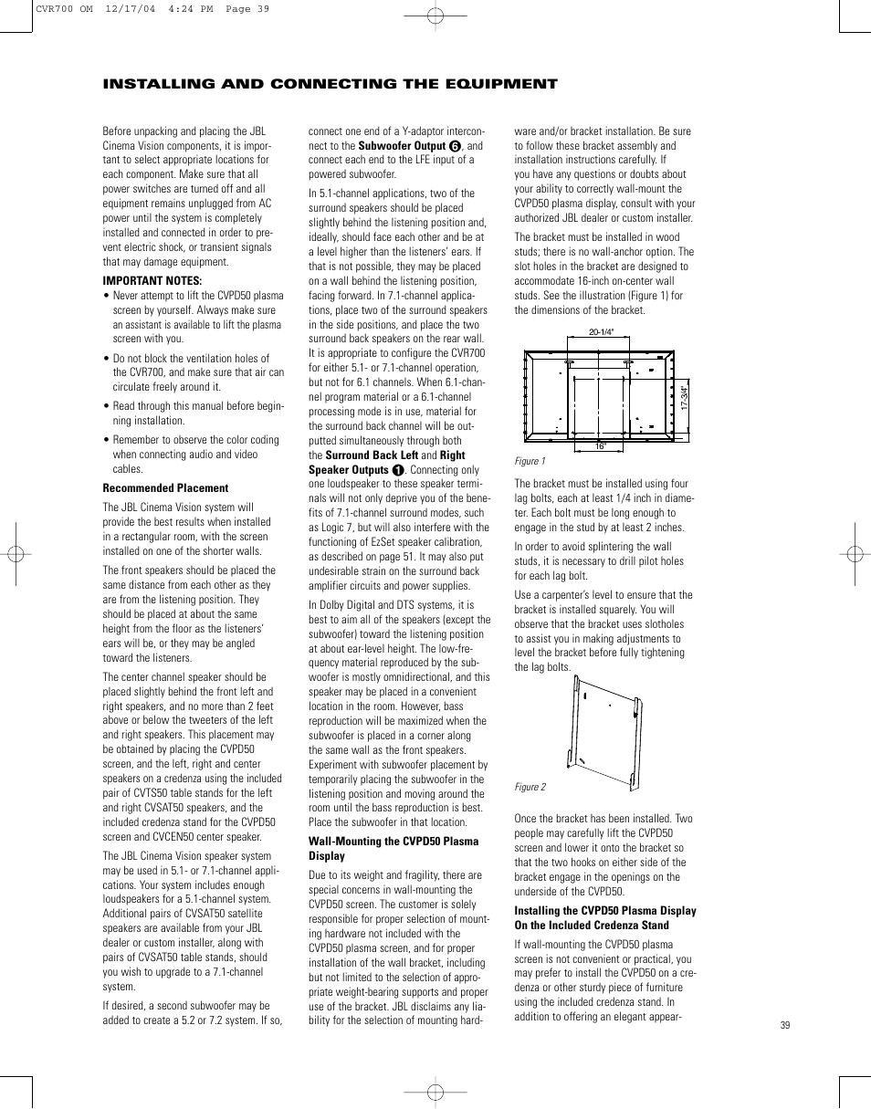 Installing and connecting the equipment, Figure 1, Figure 2 | JBL CVPD50 User Manual | Page 39 / 116