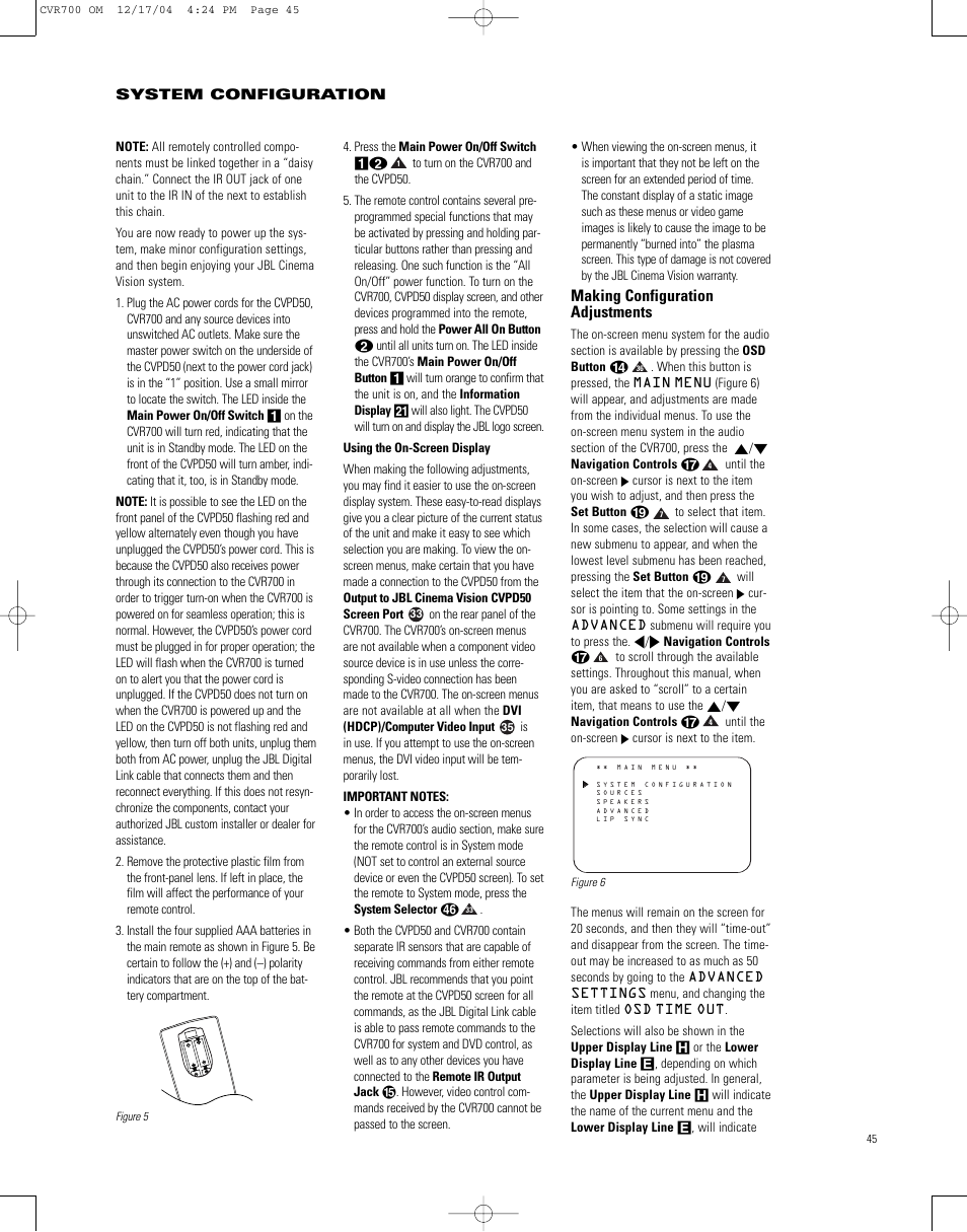 Making configuration adjustments, System configuration, Navigation controls q until the on-screen | Cursor is next to the item | JBL CVPD50 User Manual | Page 45 / 116