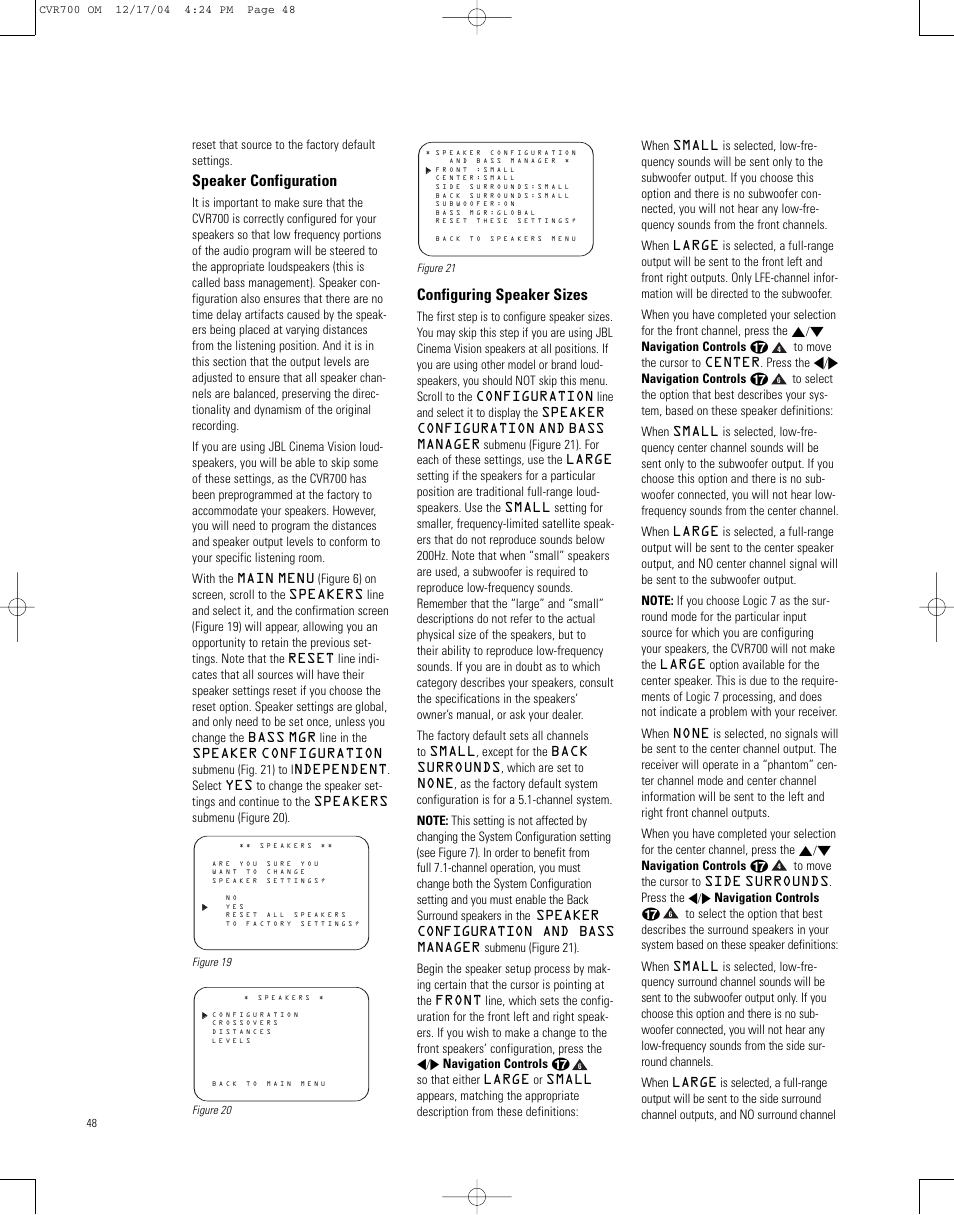 Speaker configuration, Configuring speaker sizes, Reset that source to the factory default settings | JBL CVPD50 User Manual | Page 48 / 116