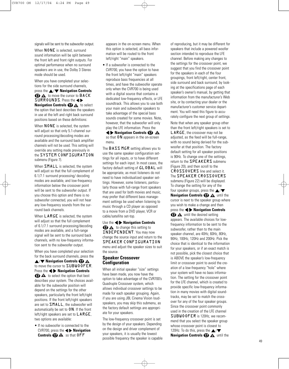 Speaker crossover configuration, Navigation controls q until the | JBL CVPD50 User Manual | Page 49 / 116