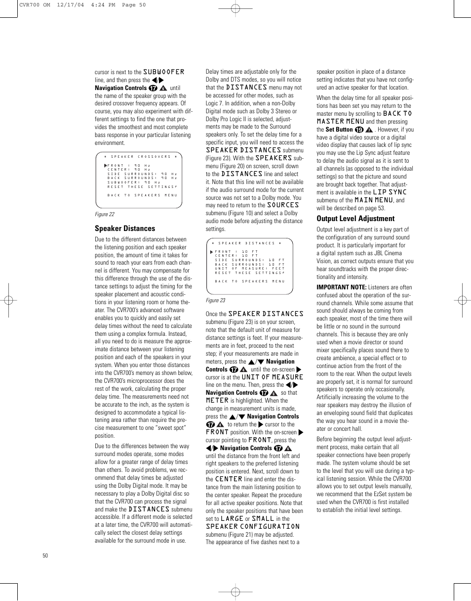 Speaker distances, Output level adjustment | JBL CVPD50 User Manual | Page 50 / 116