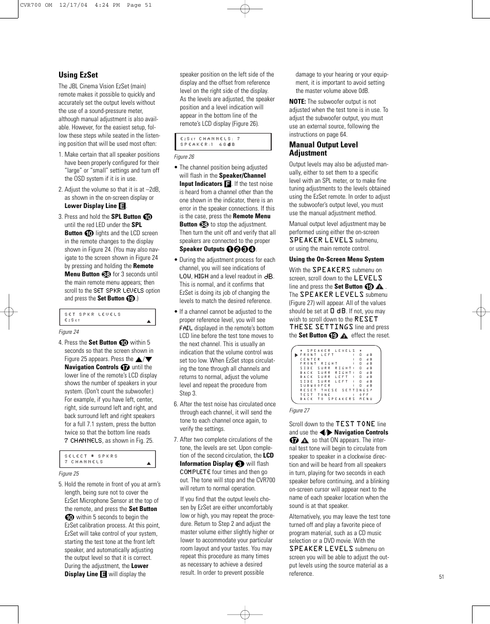 Using ezset, Manual output level adjustment | JBL CVPD50 User Manual | Page 51 / 116