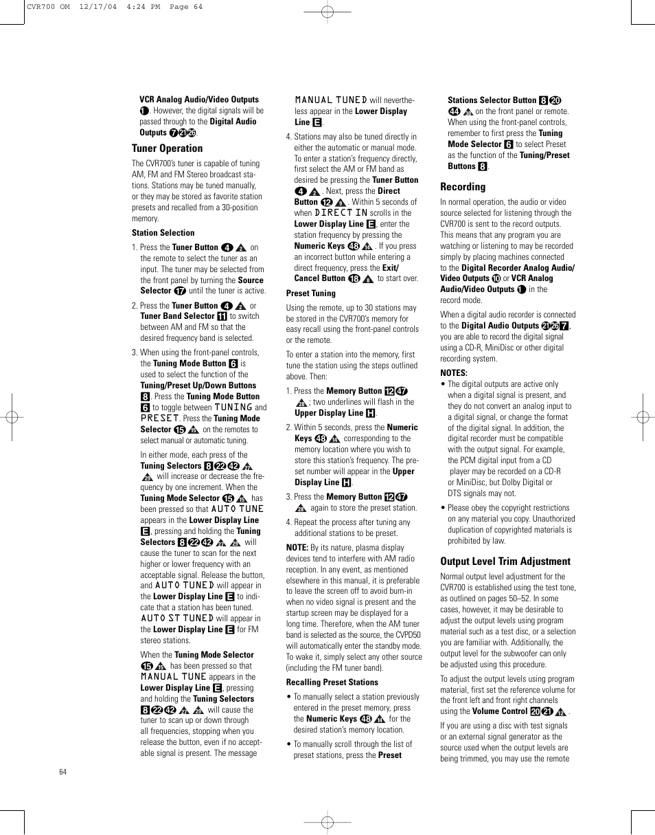 Tuner operation, Recording, Output level trim adjustment | JBL CVPD50 User Manual | Page 64 / 116