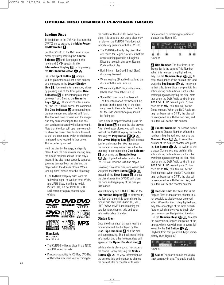 Loading discs, Status bar, Optical disc changer playback basics | JBL CVPD50 User Manual | Page 66 / 116