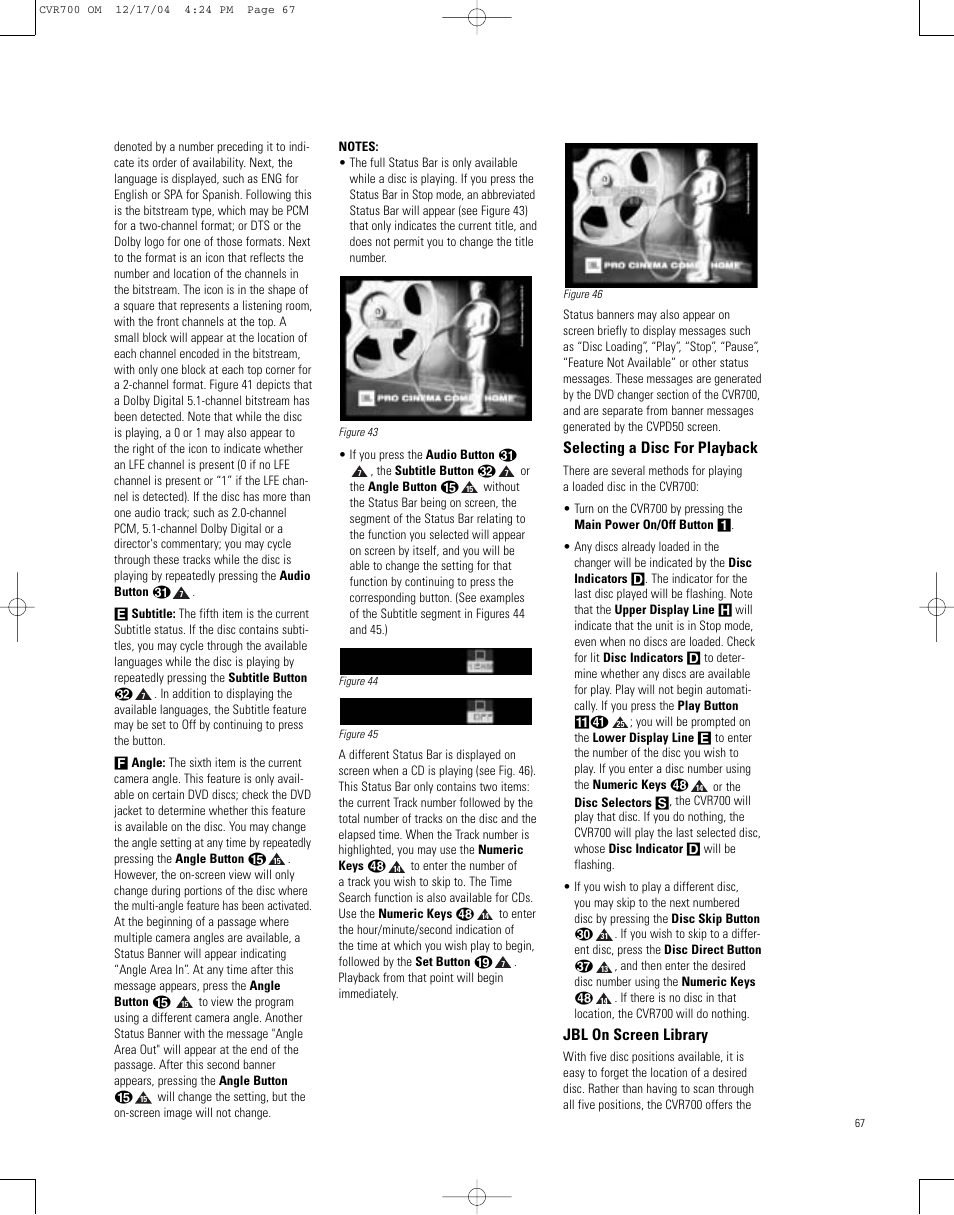 Selecting a disc for playback, Jbl on screen library | JBL CVPD50 User Manual | Page 67 / 116