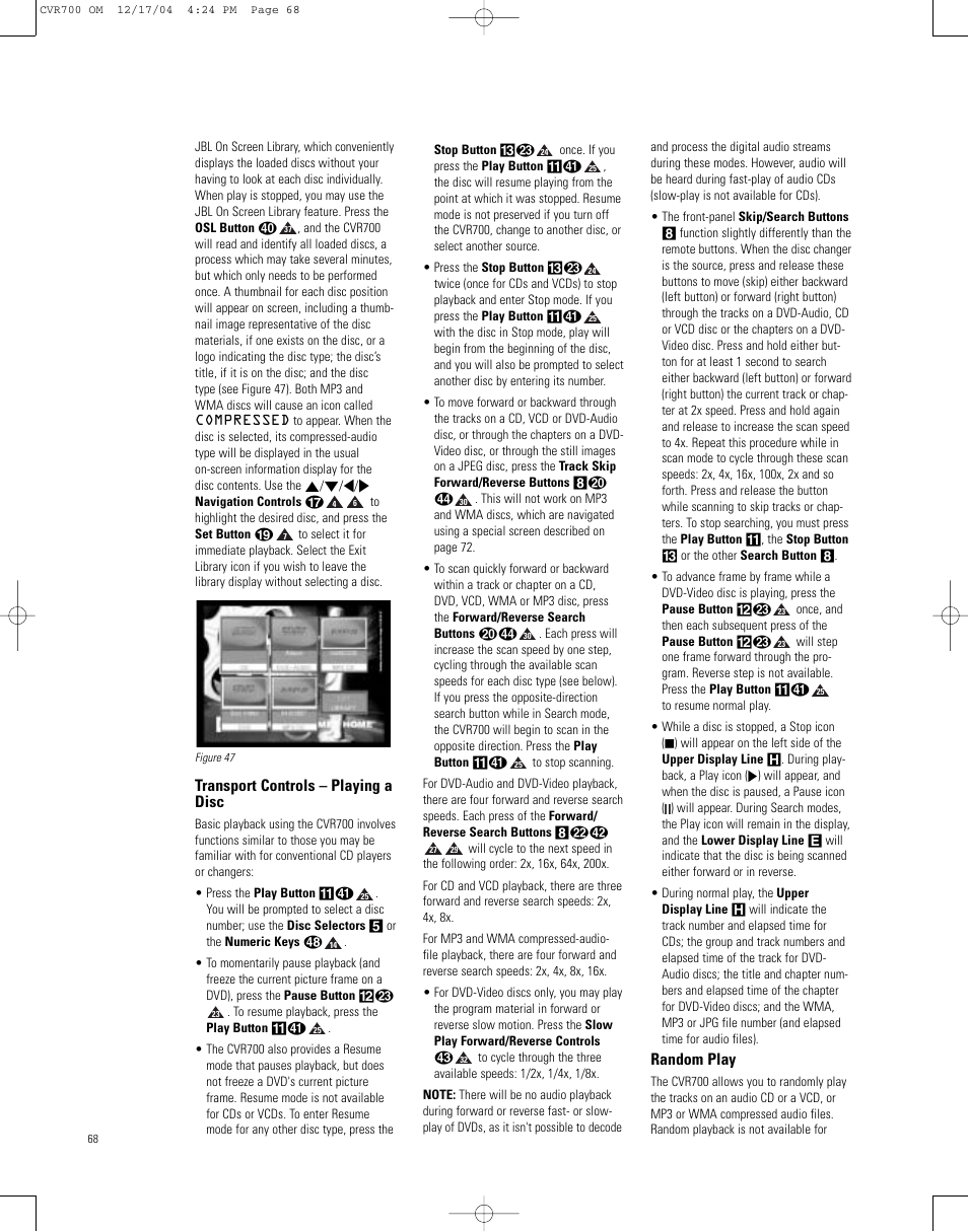 Transport controls – playing a disc, Random play | JBL CVPD50 User Manual | Page 68 / 116